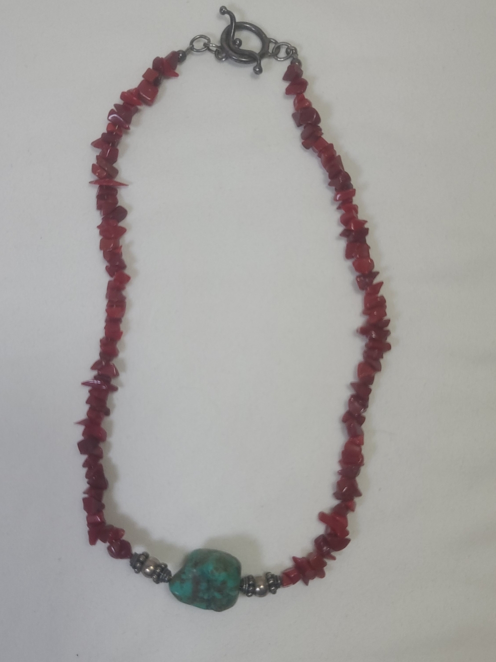 Native American Dark Red Coral & Turquoise Pendant 925 Sterling Silver Necklace